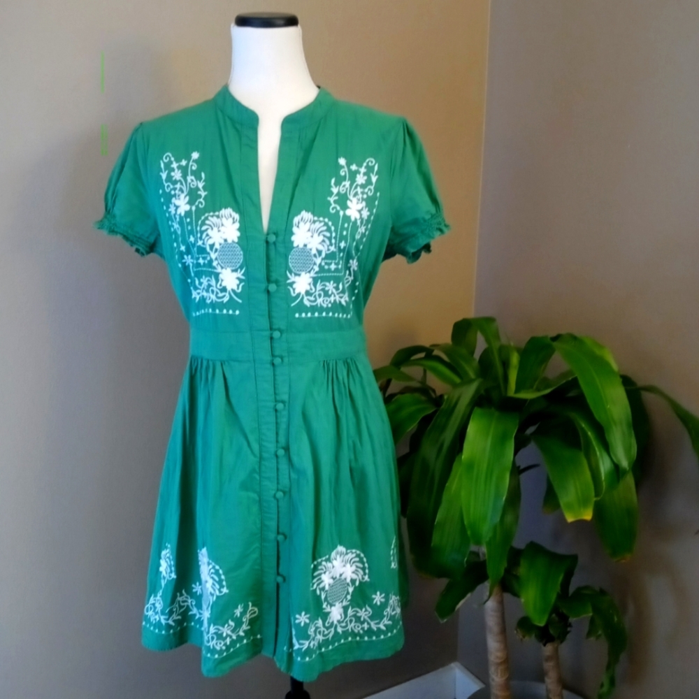 Sunny Girl button front tie back green embroidered dress